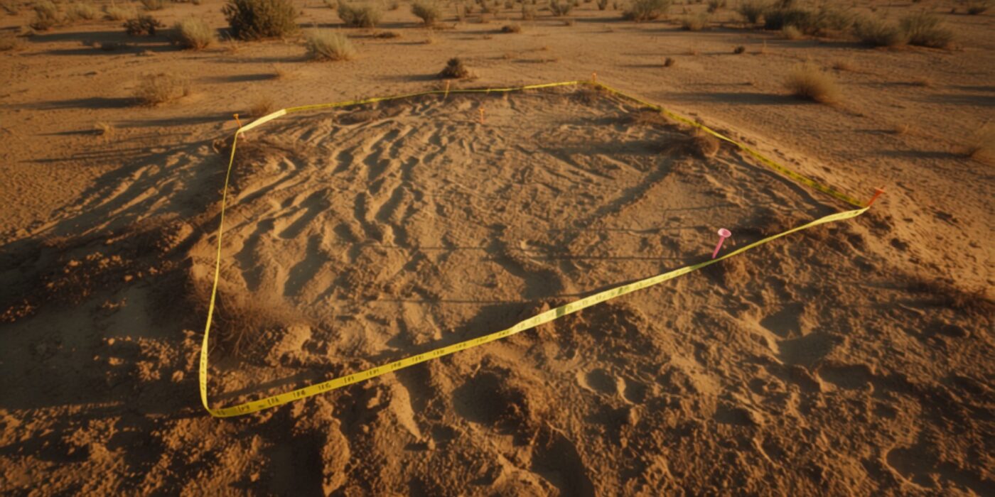 open plot with survey pegs and measuring tape
