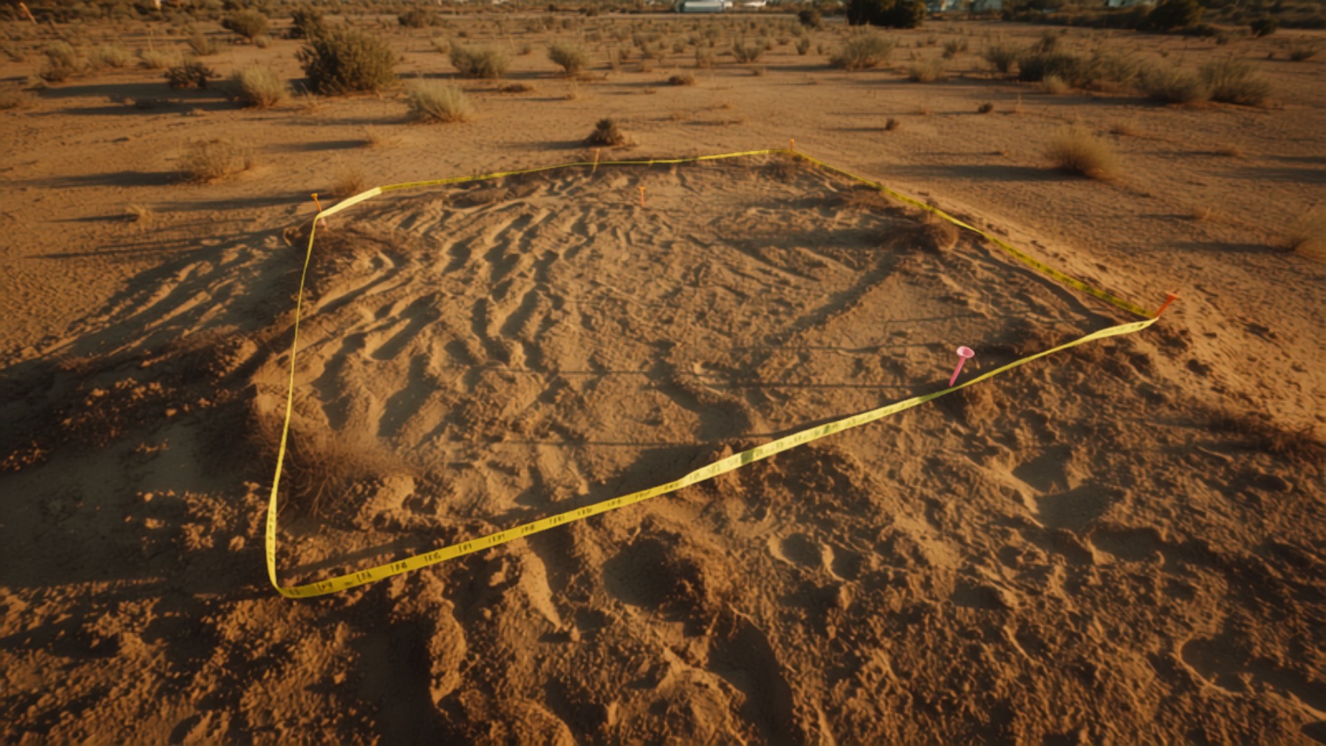 Open plot with survey pegs and measuring tape