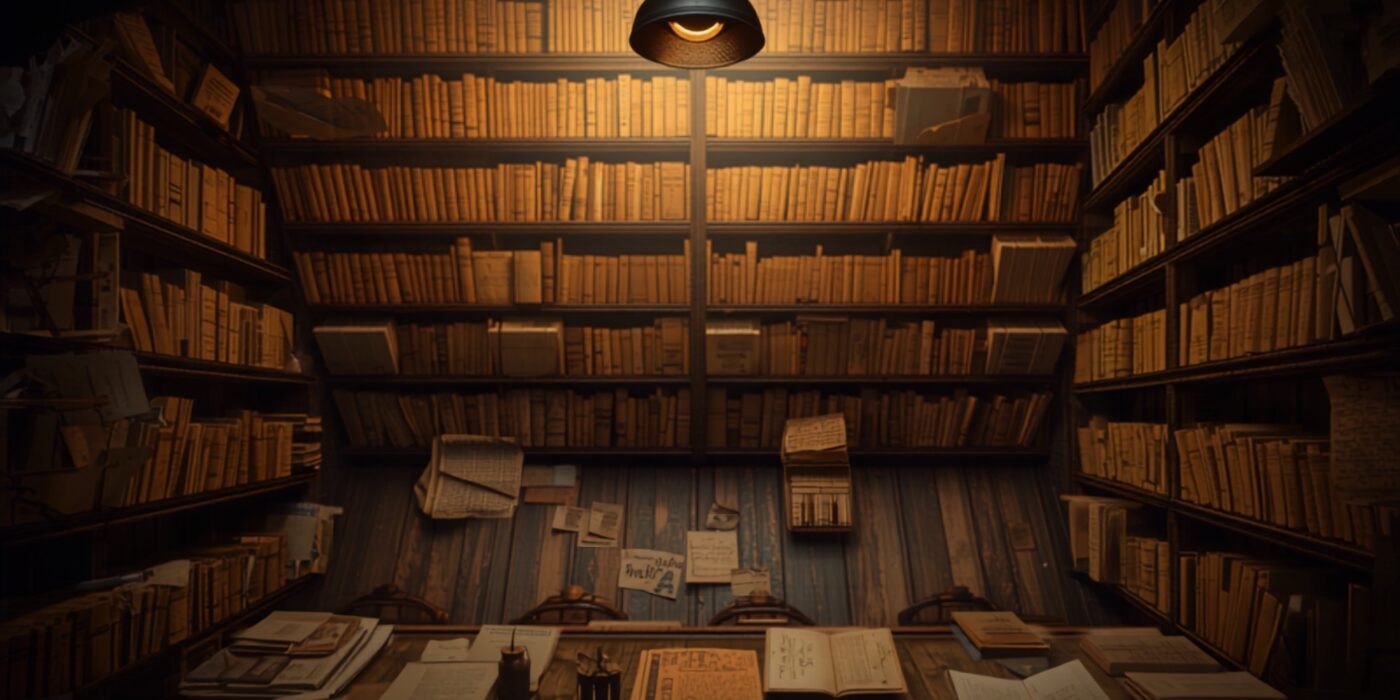 warm archive room with old wooden shelves and paper records