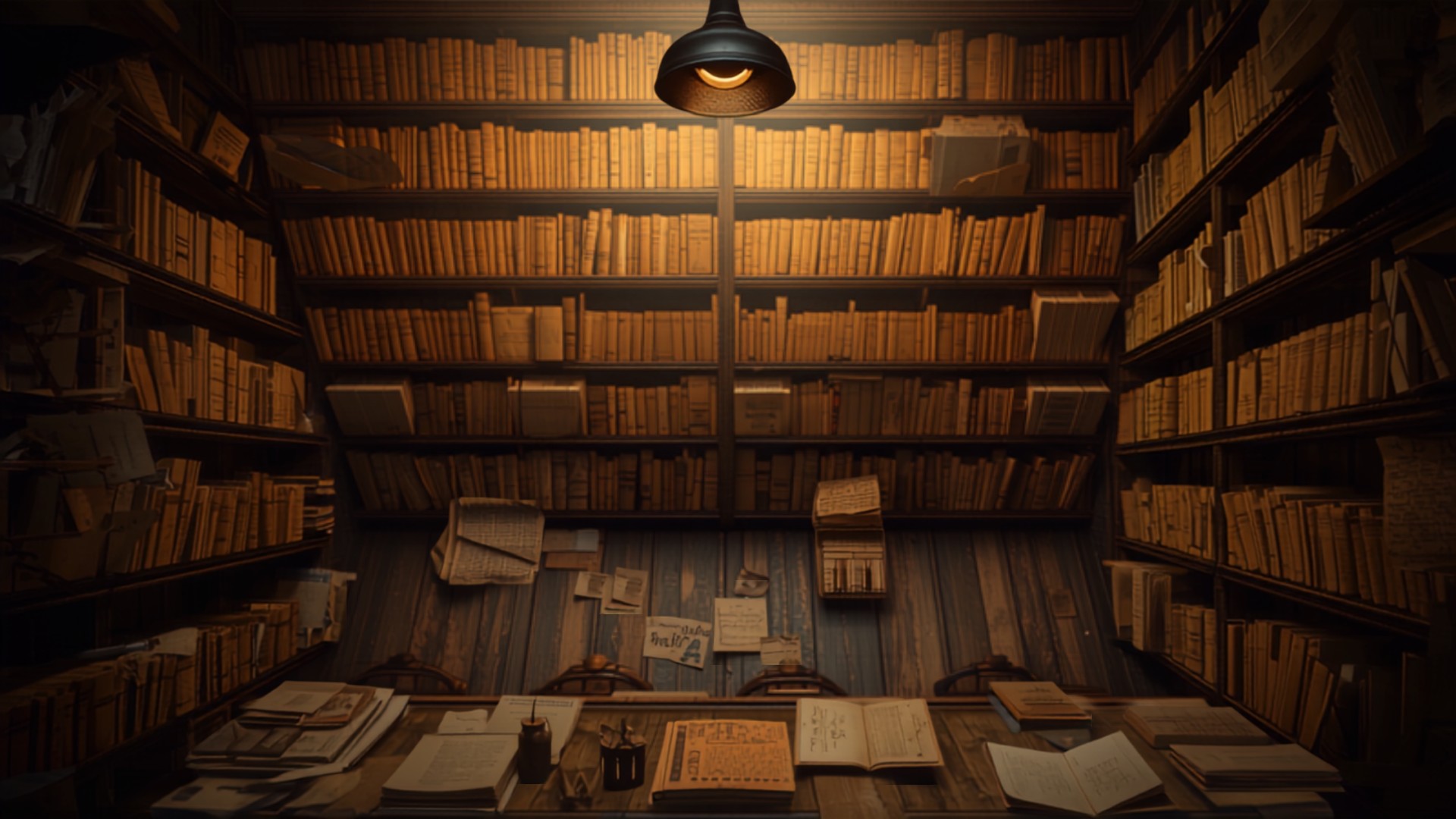 Warm archive room with old wooden shelves and paper records