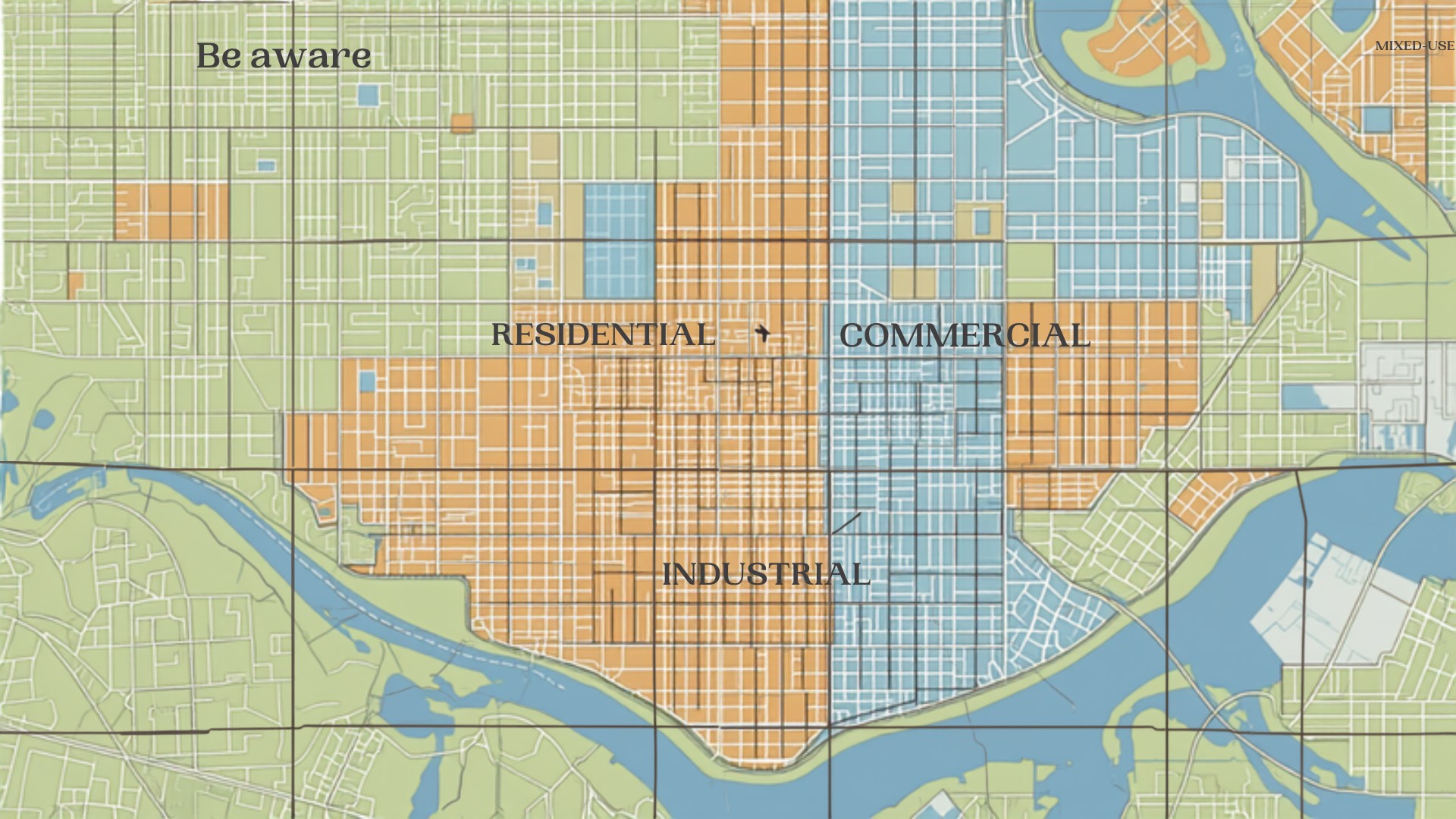 Detailed urban zoning map illustration with color-coded land parcels