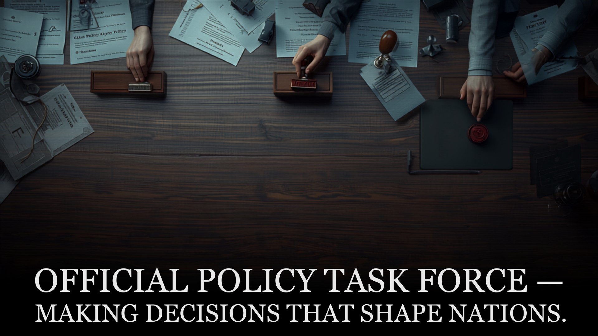 Government task force meeting room with documents