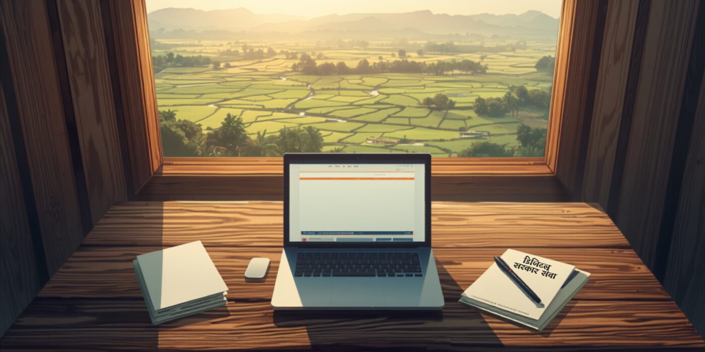 laptop and documents on desk overlooking maharashtra landscape