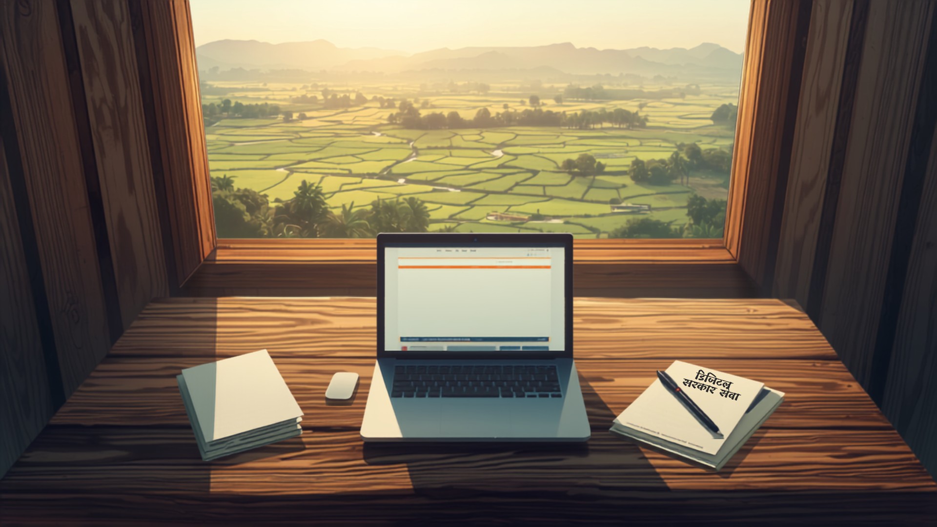Laptop and documents on desk overlooking Maharashtra landscape