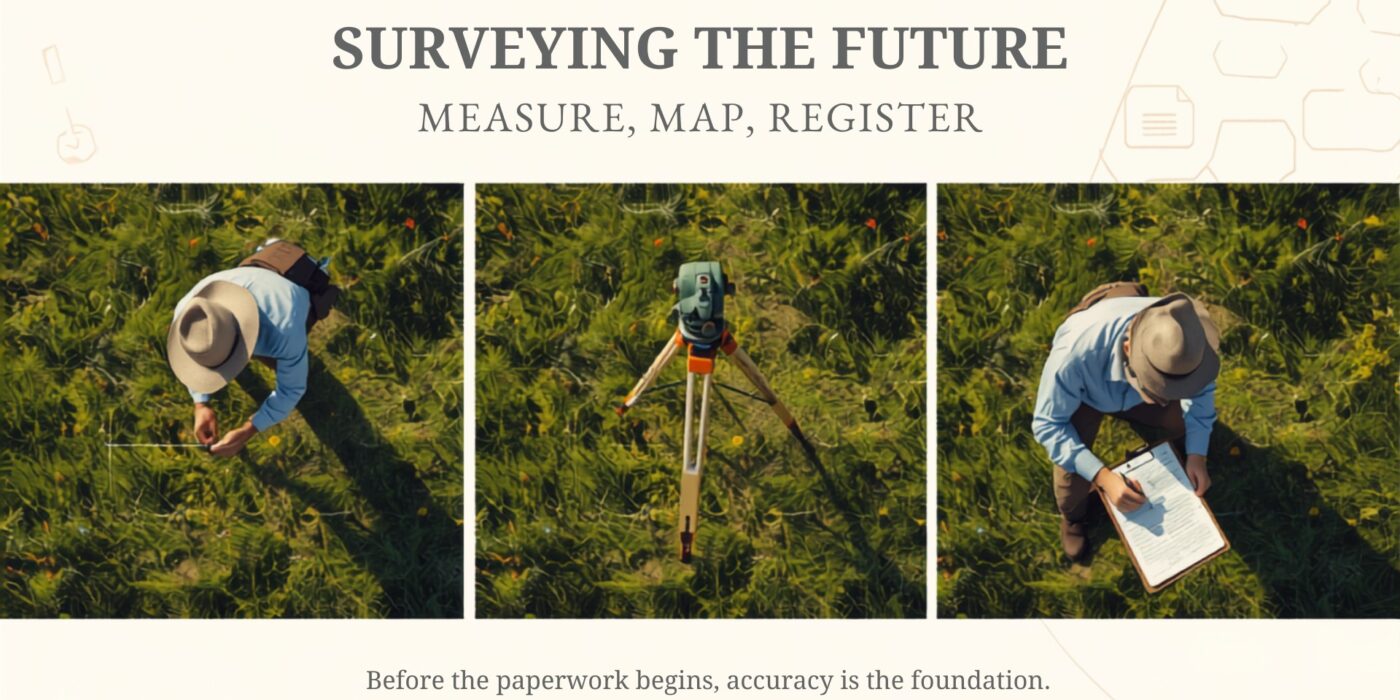 surveyor measuring plot before registration paperwork