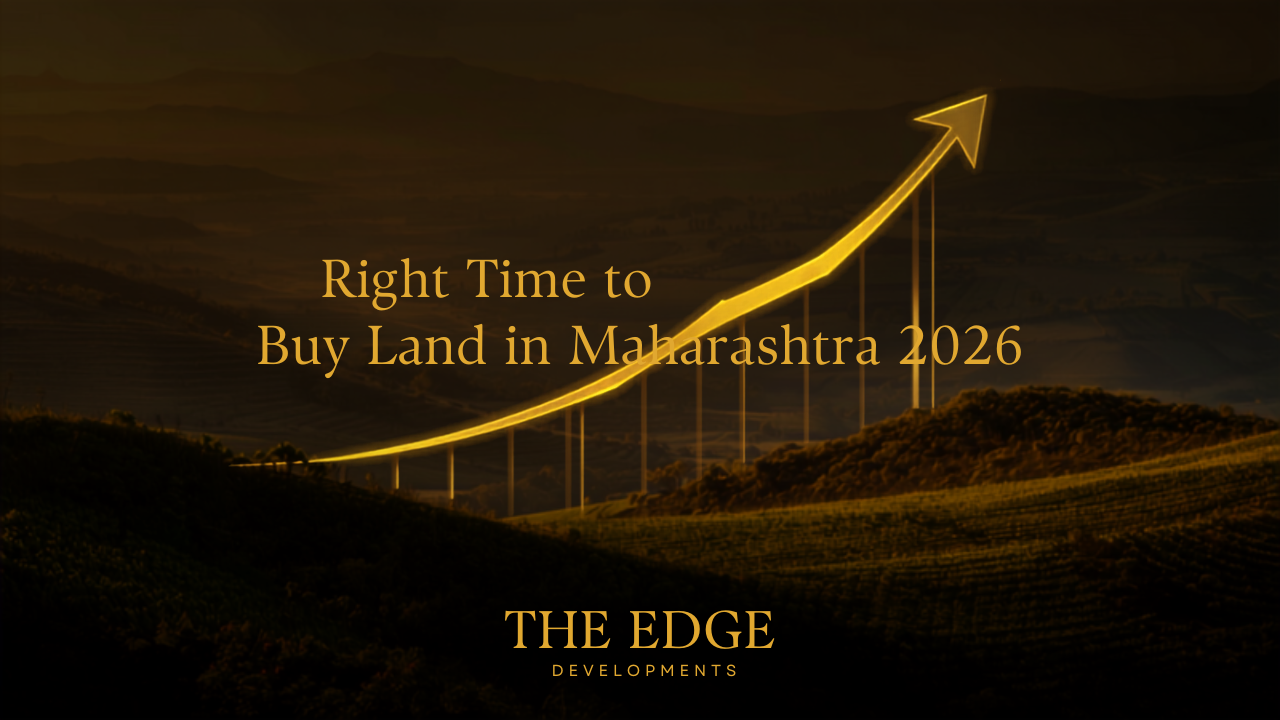 Maharashtra green hills with a rising market graph at golden hour — right time to buy land in 2026