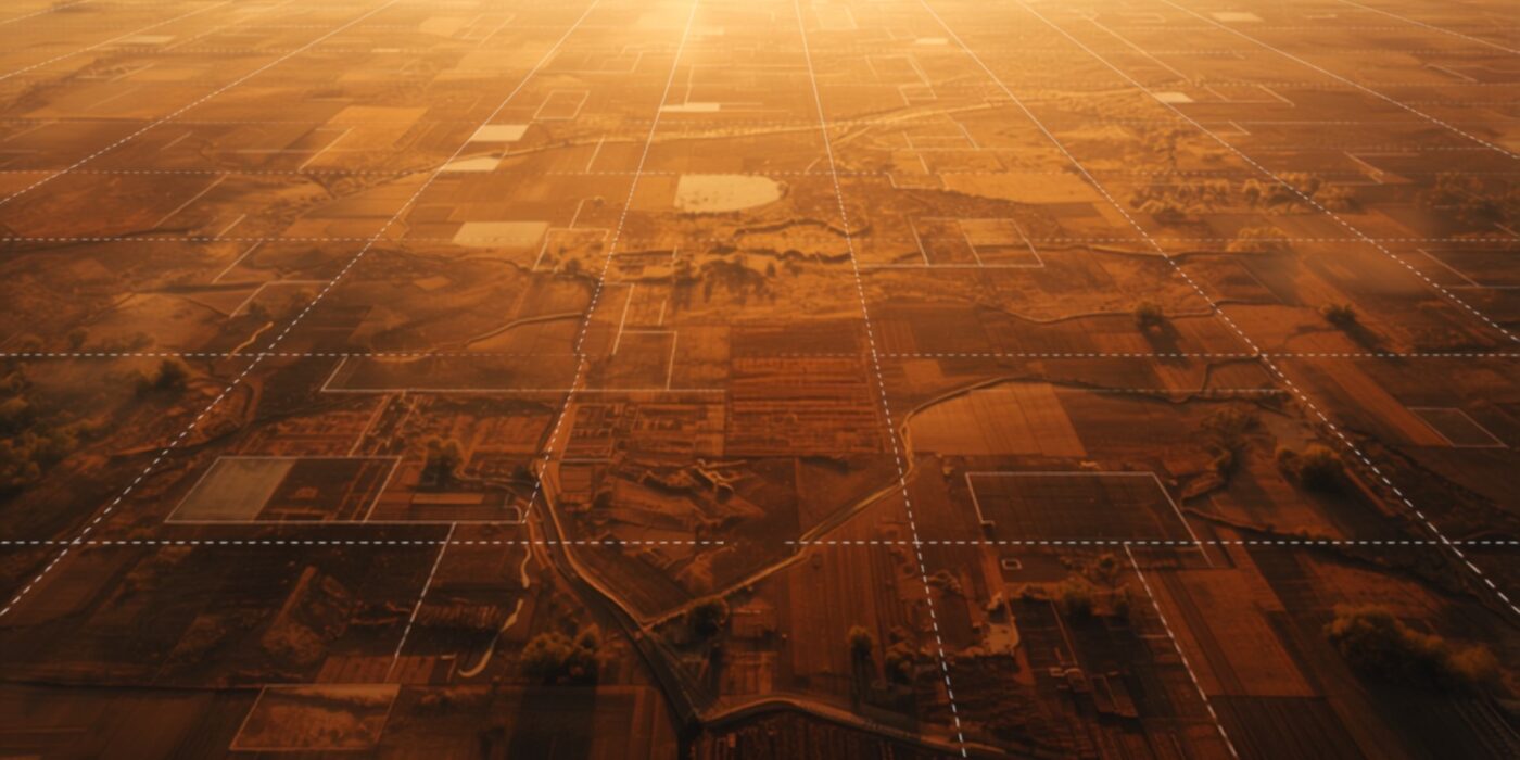 aerial view of farmland arranged in a patchwork of fields with a white dashed grid overlay bathed in an orange glow suggesting precision agriculture data