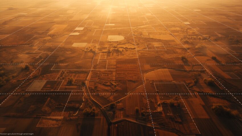 aerial view of farmland arranged in a patchwork of fields with a white dashed grid overlay bathed in an orange glow suggesting precision agriculture data