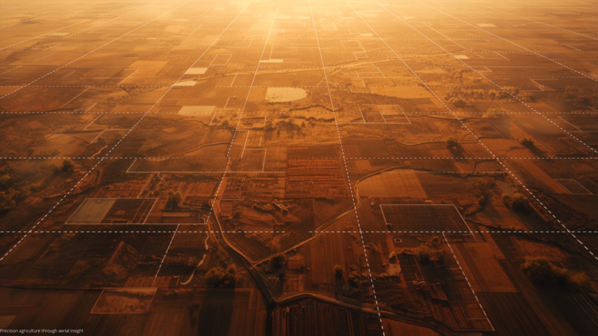 Aerial view of farmland arranged in a patchwork of fields with a white dashed grid overlay, bathed in an orange glow, suggesting precision agriculture data.