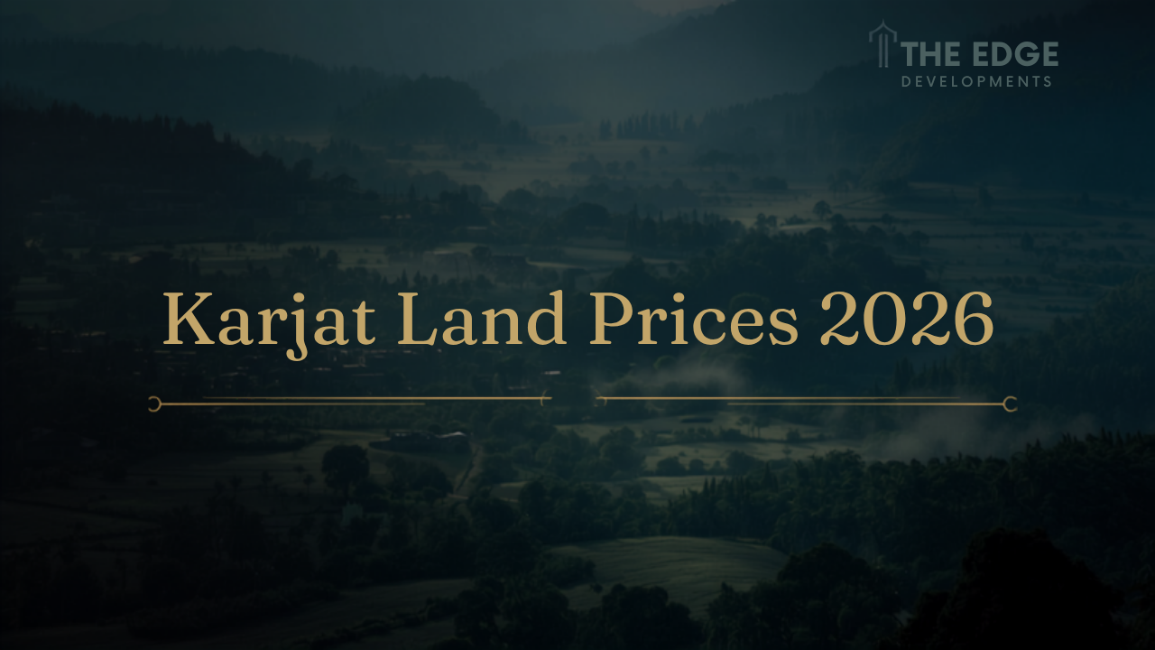 Aerial of Karjat river valley and green plots amid Sahyadri mountains — Karjat land prices 2026 forecast