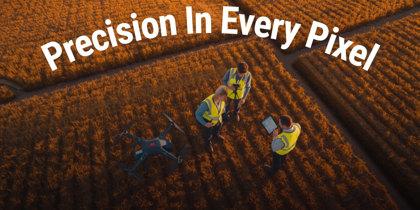 surveyors with drone equipment at golden hour