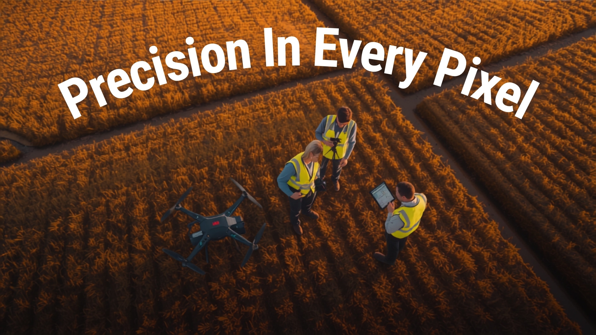 Surveyors with drone equipment at golden hour