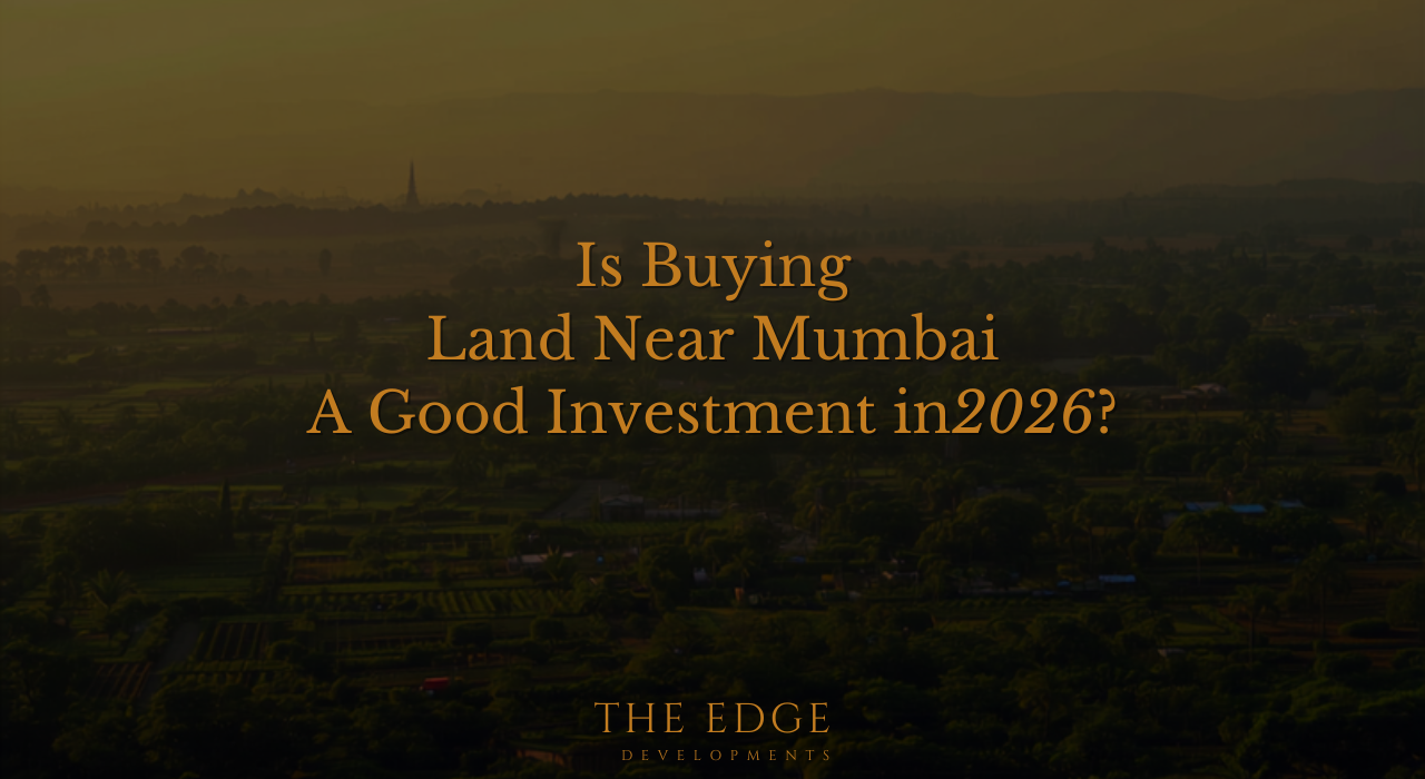 Aerial view of green land plots near Mumbai with Sahyadri mountains at golden sunrise — land investment 2026