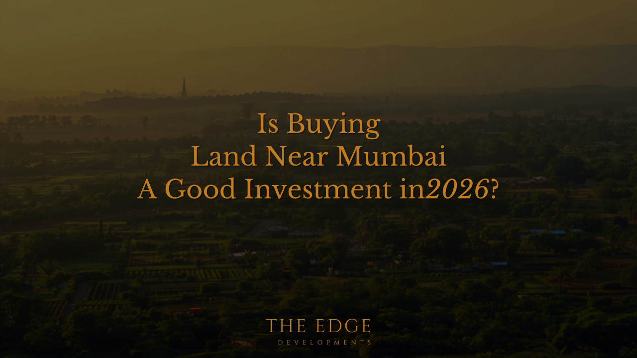 Aerial view of green land plots near Mumbai with Sahyadri mountains at golden sunrise — land investment 2026
