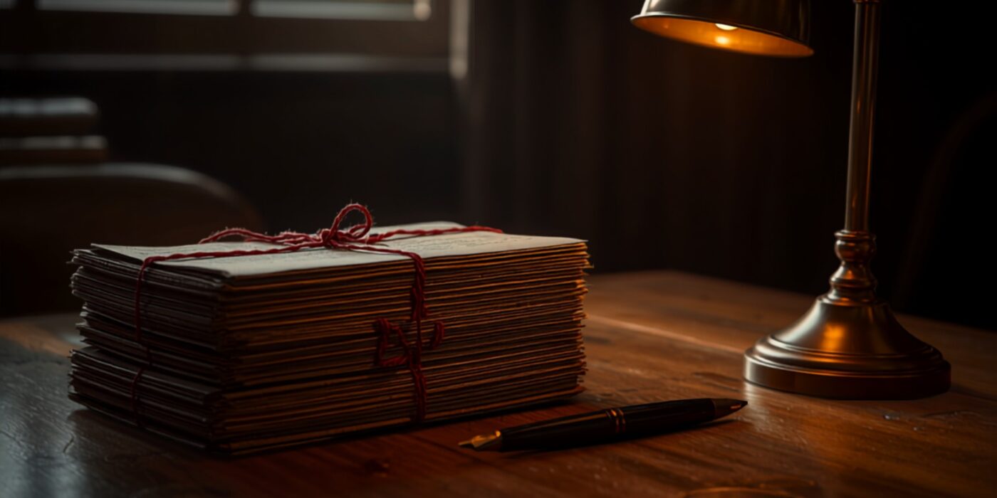 an advocates wooden desk stacked with aged legal document bundles tied in red string beside a pen lit by a warm brass desk lamp