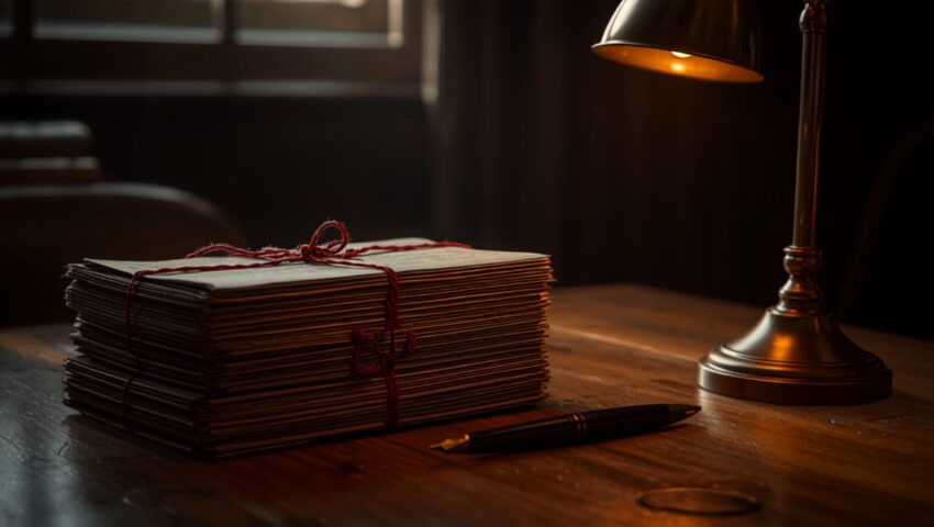 an advocates desk with a bundle of land title documents beside a brass lamp