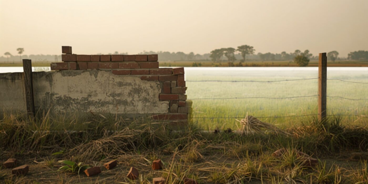 a weathered wooden fence marking a rural boundary with an unfinished brick wall built across it into the adjoining green field