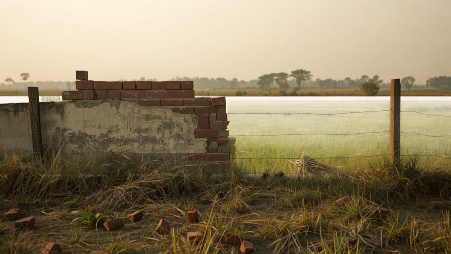 A weathered wooden fence marking a rural boundary with an unfinished brick wall built across it into the adjoining green field.