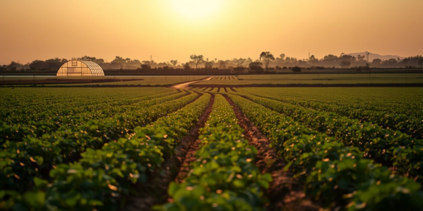 green crop fields in rural maharashtra with a dirt farm track running through them a polyhouse greenhouse and solar panels along the far edge and low hills on the horizon in warm sunlight