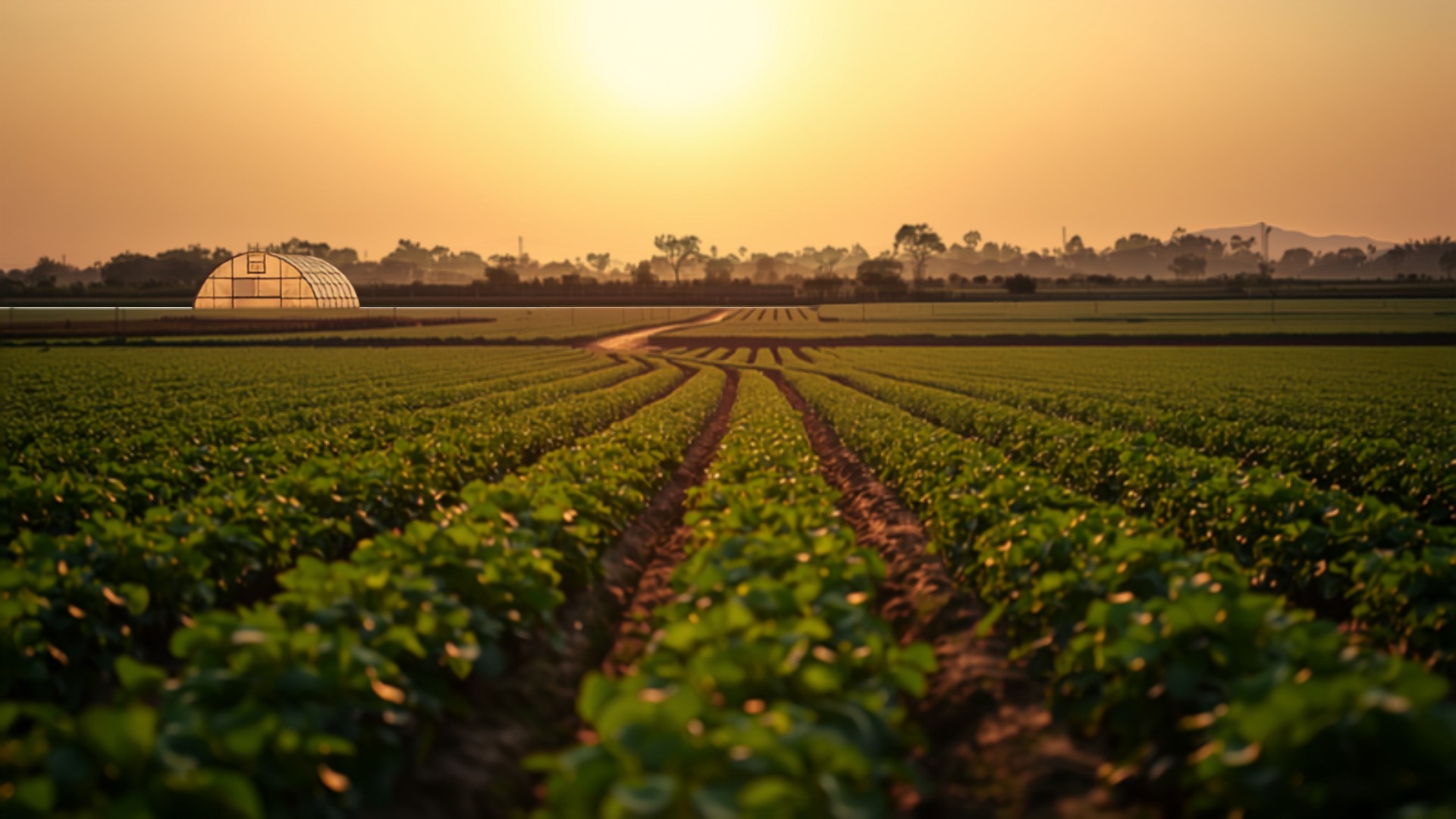 Aerial view of green agricultural fields at golden hour with a farmhouse in rural Maharashtra