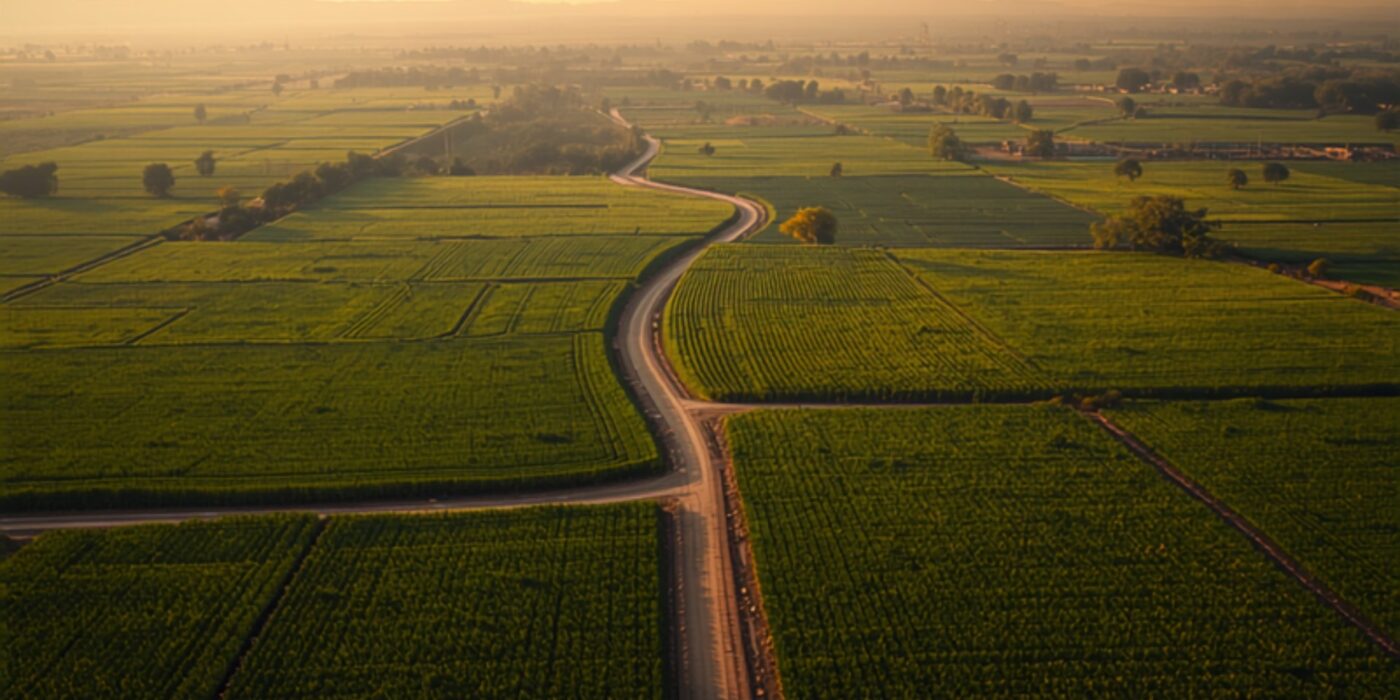 aerial view of green agricultural land parcels divided by field boundaries in maharashtra with a dirt access road and sahyadri hills in the distance