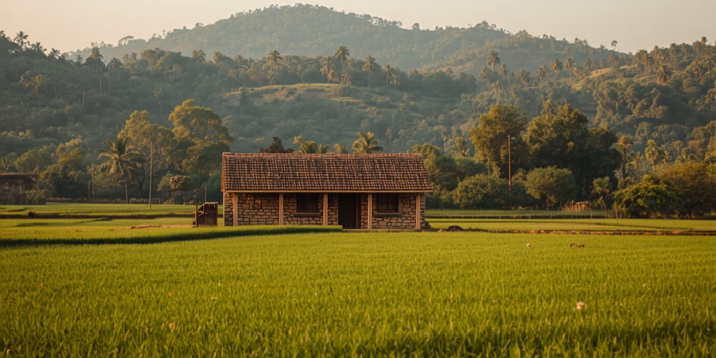 a small single storey stone farmhouse with a terracotta tiled roof standing in the middle of wide green cultivated fields with wooded hills rising behind it in warm light