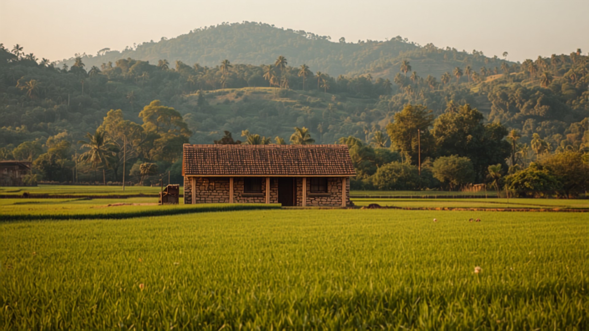 A small single-storey stone farmhouse with a terracotta tiled roof standing in the middle of wide green cultivated fields, with wooded hills rising behind it in warm light.