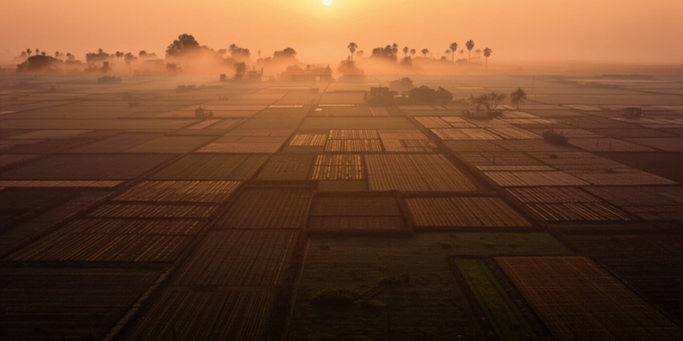 aerial view of indian farmland divided into distinct parcels at sunrise