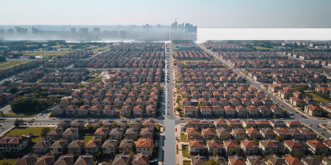 aerial view of urban residential blocks and street grid representing property card records