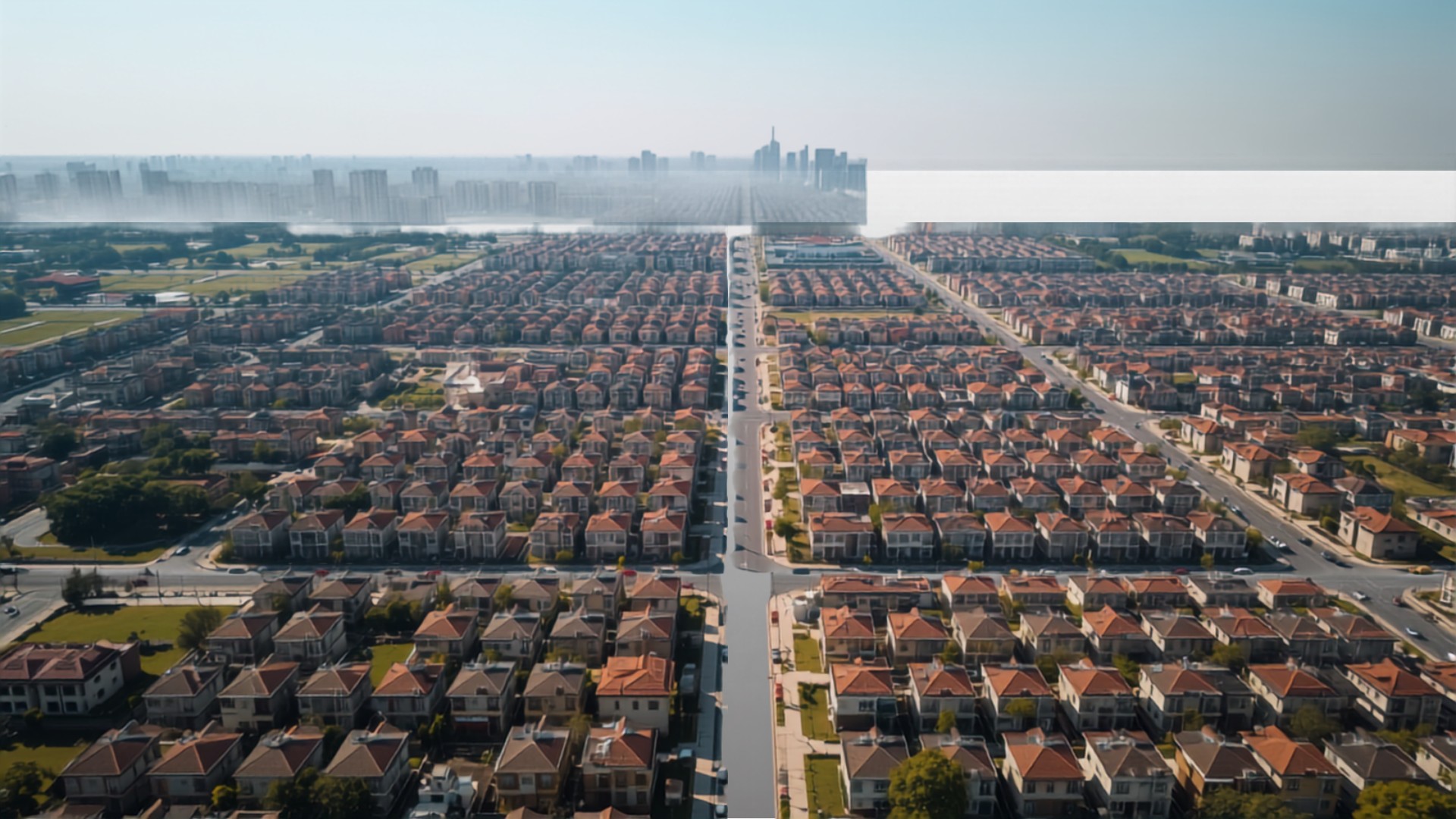 Aerial view of urban residential blocks and street grid representing property card records