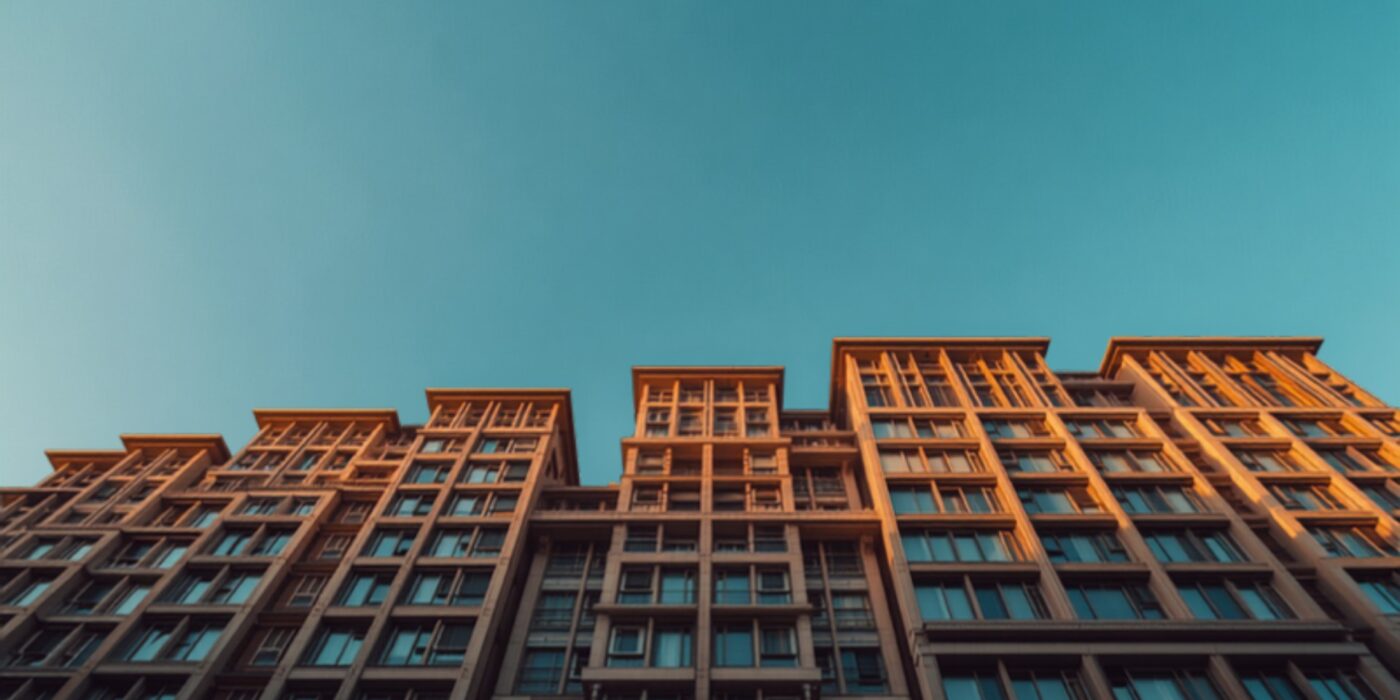 low angle view of a multi story brick apartment building against a clear blue sky highlighting its grid of windows