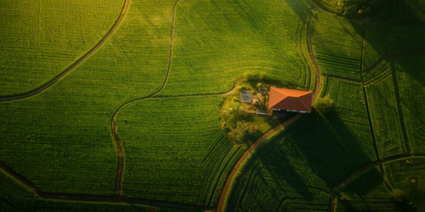 aerial view of a large green agricultural landholding in rural maharashtra with faint internal field boundary lines dirt tracks along the edges and a farmhouse with an orange red tiled roof at the centre in warm morning light