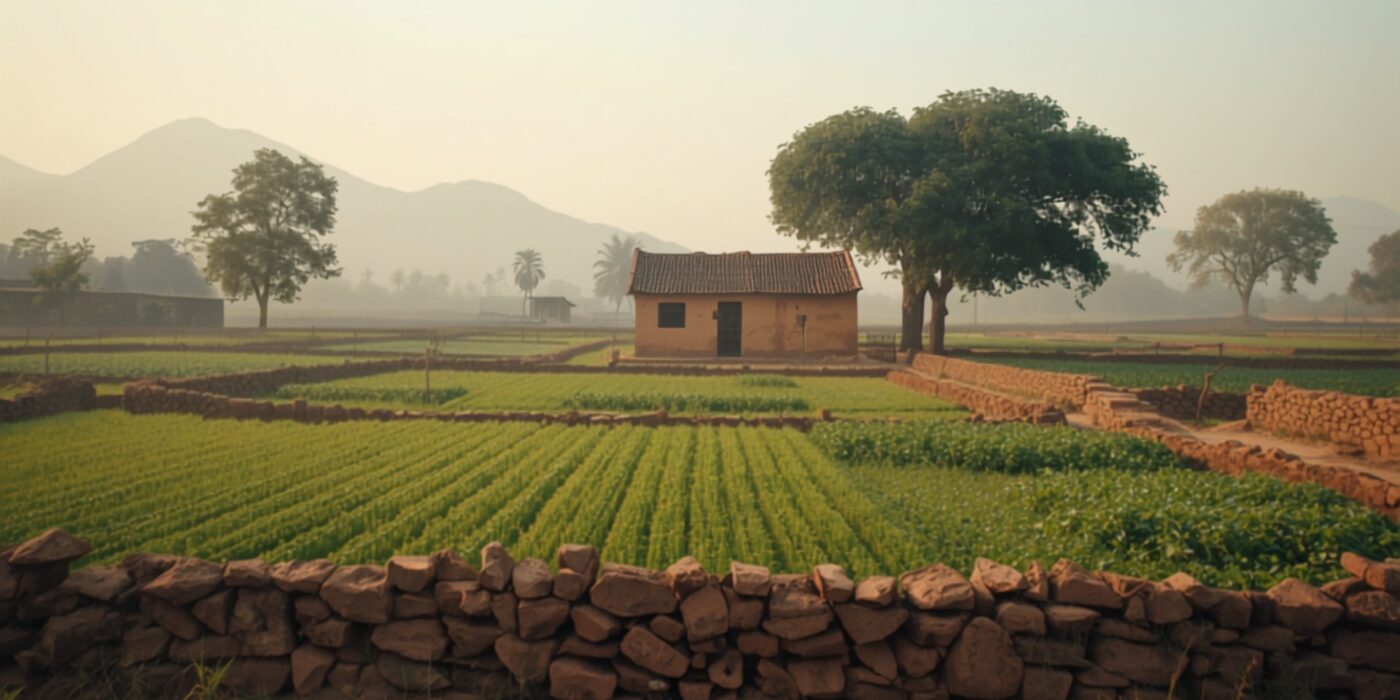 a traditional maharashtra farmstead in soft morning light with weathered stone boundary markers and a dry stone wall in the foreground and a small tiled roof dwelling among green fields behind