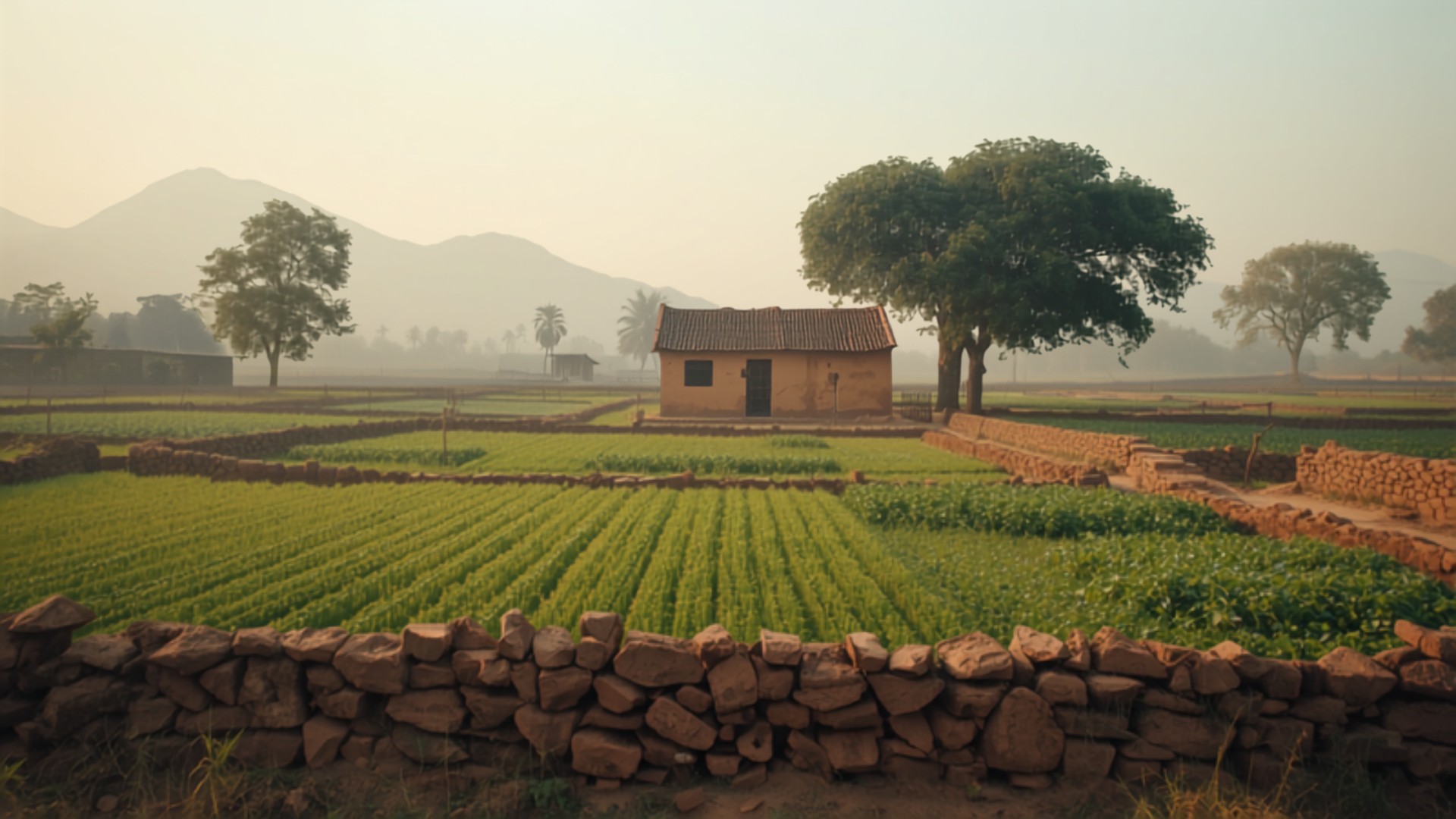 A traditional Maharashtra farmstead in soft morning light, with weathered stone boundary markers and a dry-stone wall in the foreground and a small tiled-roof dwelling among green fields behind.
