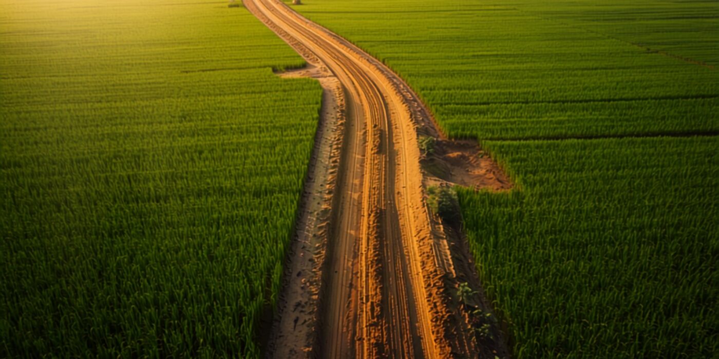 aerial view of a freshly graded earth road alignment curving through bright green agricultural fields in rural india at golden hour