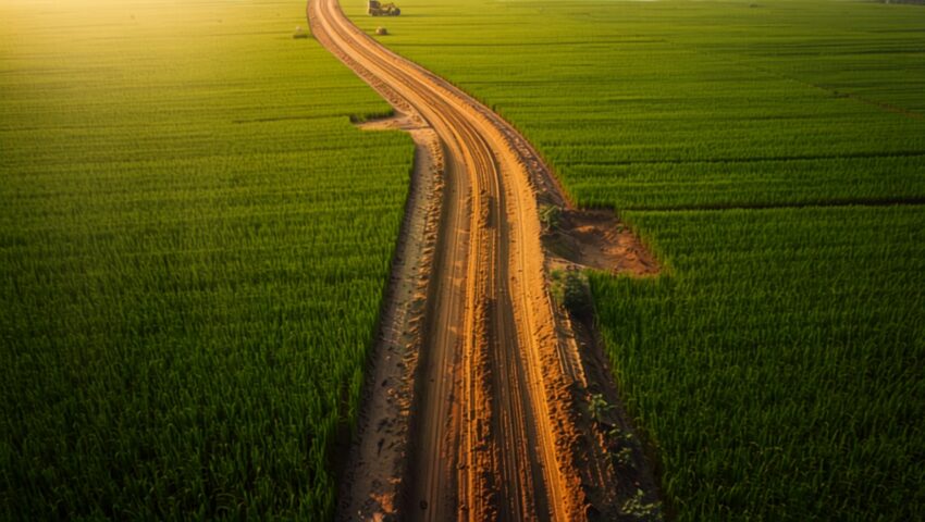 aerial view of a new road alignment cutting through green farmland in maharashtra
