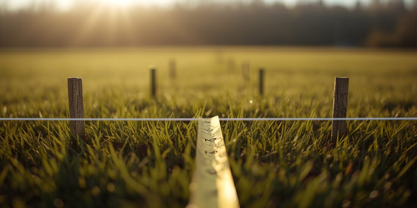 Surveyor's measuring tape and boundary pegs laid across a green field in rural Maharashtra