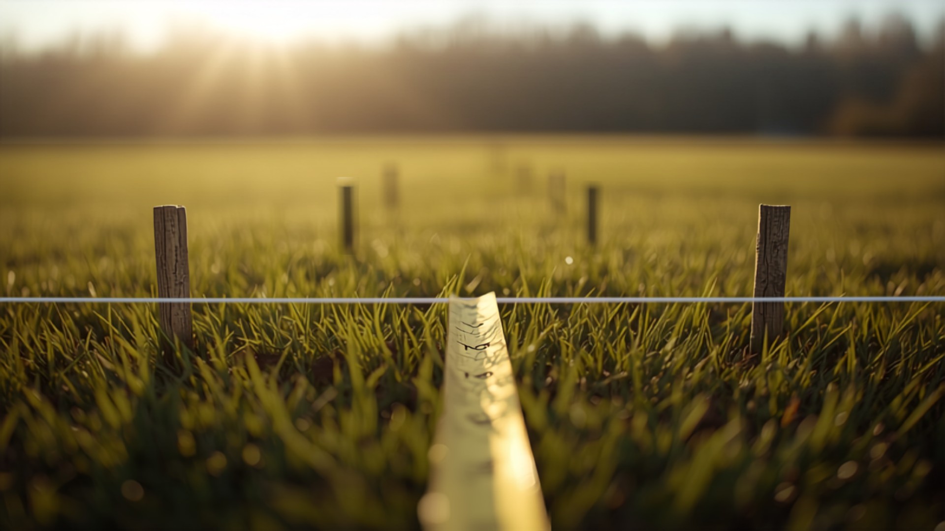 Surveyor's measuring tape and boundary pegs laid across a green field in rural Maharashtra
