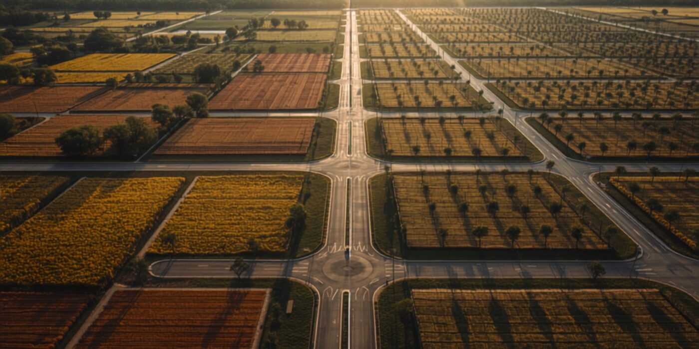 aerial view of farmland on a city fringe transitioning into a planned grid of serviced plots with newly laid access roads