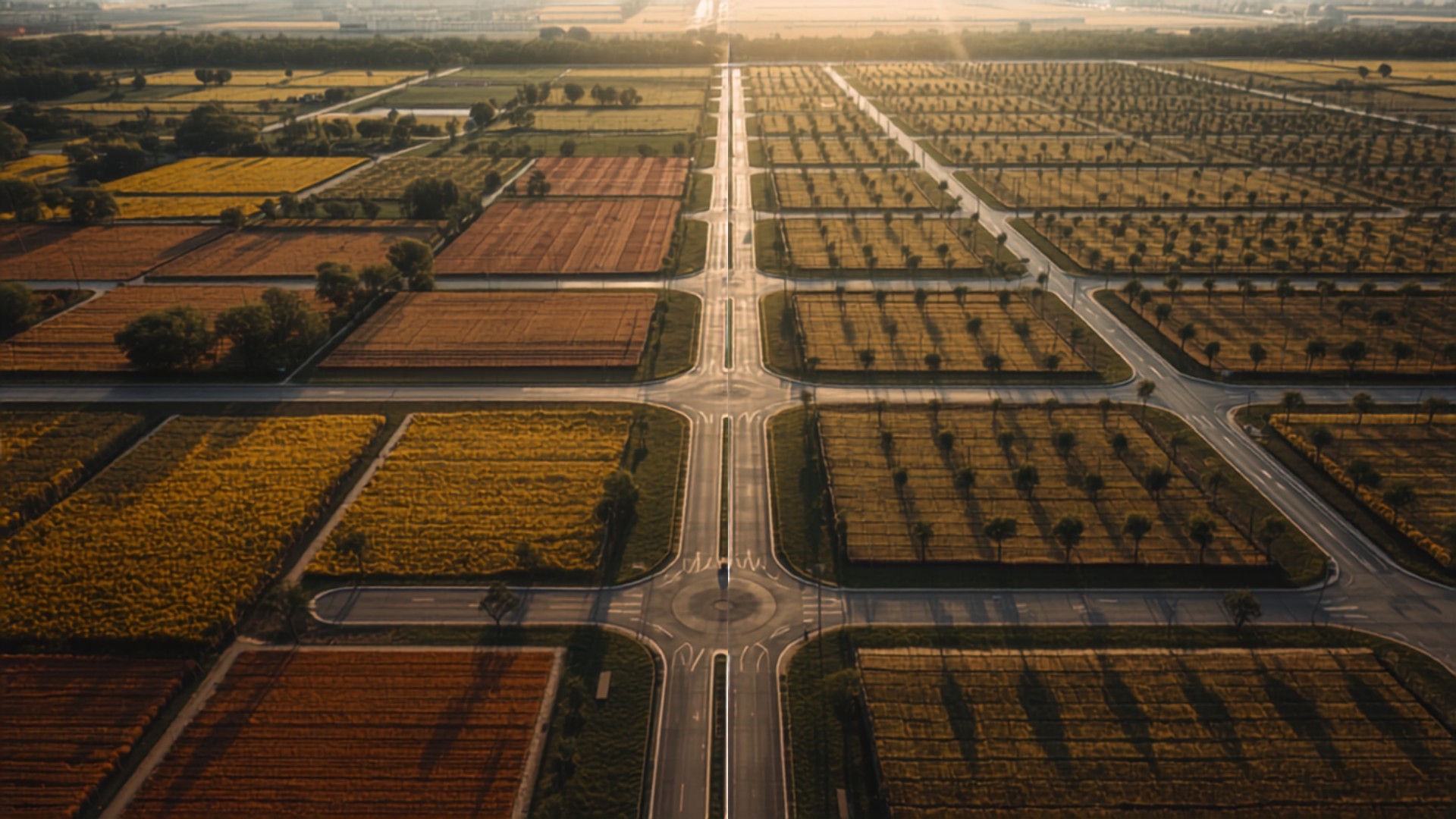 Aerial view of farmland reorganised into a planned grid of serviced plots and roads in Maharashtra