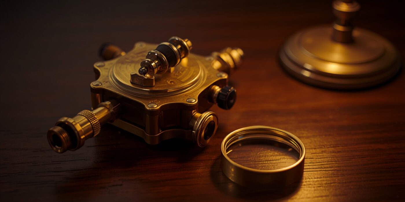 antique brass surveyors theodolite and a brass magnifying lens resting on a dark polished wooden desk under warm lamplight