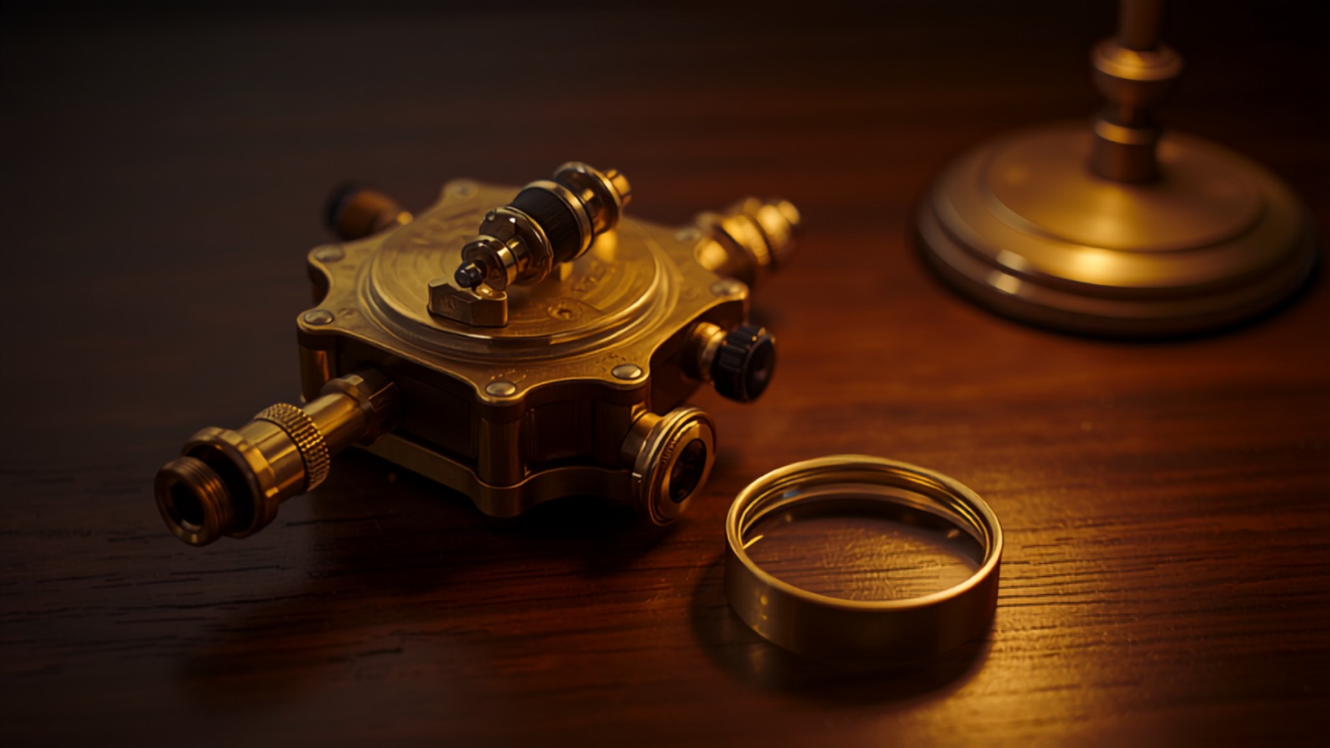 Antique brass surveyor's theodolite and a brass magnifying lens resting on a dark polished wooden desk under warm lamplight
