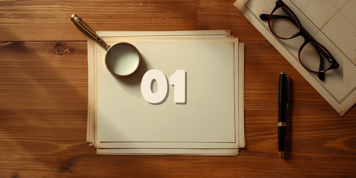 overhead flat lay of stacked cream coloured paper documents on a warm wooden desk with a brass magnifying glass resting on them alongside a folded map a pen and reading glasses