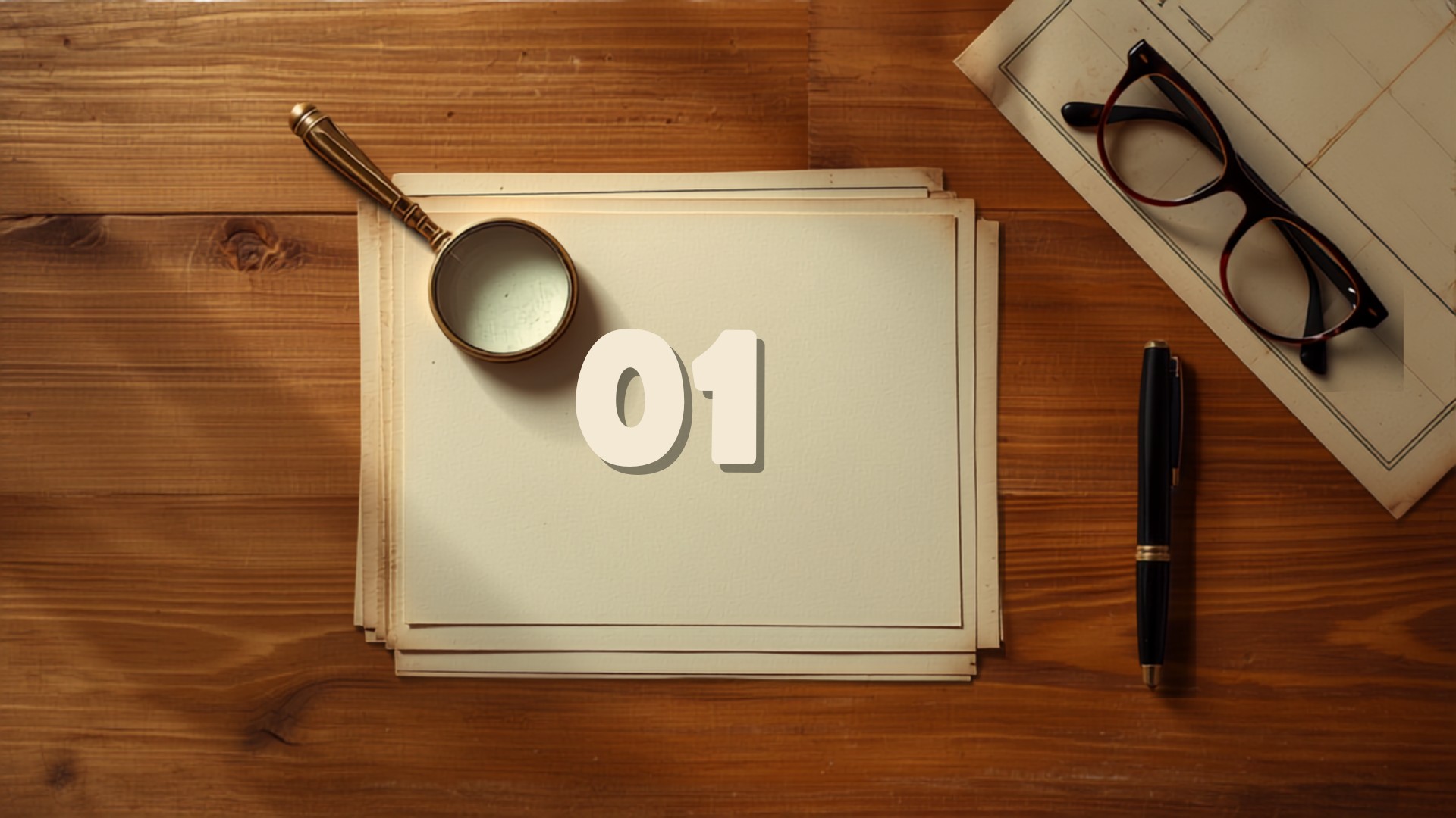 Overhead flat-lay of stacked cream-coloured paper documents on a warm wooden desk with a brass magnifying glass resting on them, alongside a folded map, a pen and reading glasses.