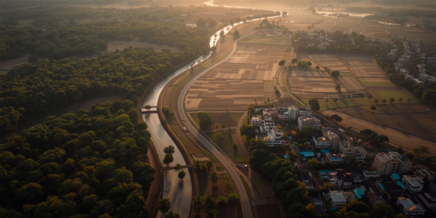 an aerial view of the mumbai metropolitan region fringe where forested green hills patchwork farmland and low rise built up development meet
