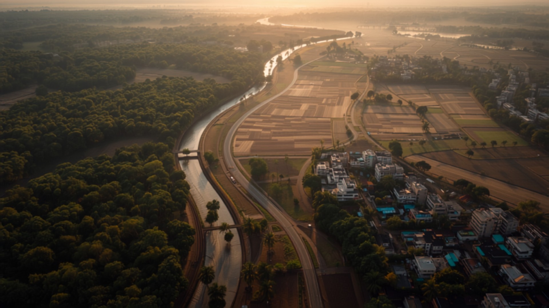 Aerial view of farmland and a river beside a low-rise development on the Mumbai metropolitan fringe