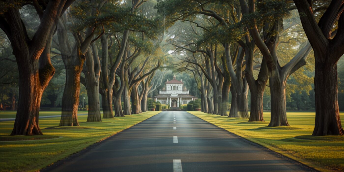 a straight private approach road lined with mature broad canopy trees leading toward a white estate gatehouse with a red tiled roof green lawns either side in warm late afternoon light