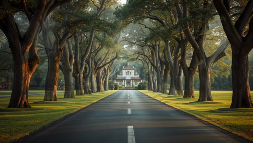 tree lined private approach road leading to a plotted estate house in maharashtra