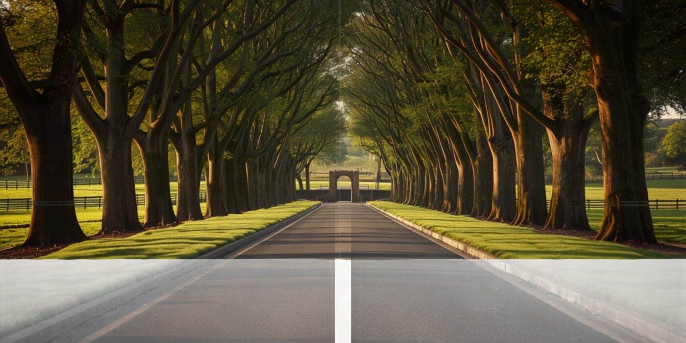 a long tree lined approach road with mature avenue trees leading toward the entrance of a gated plotted land estate