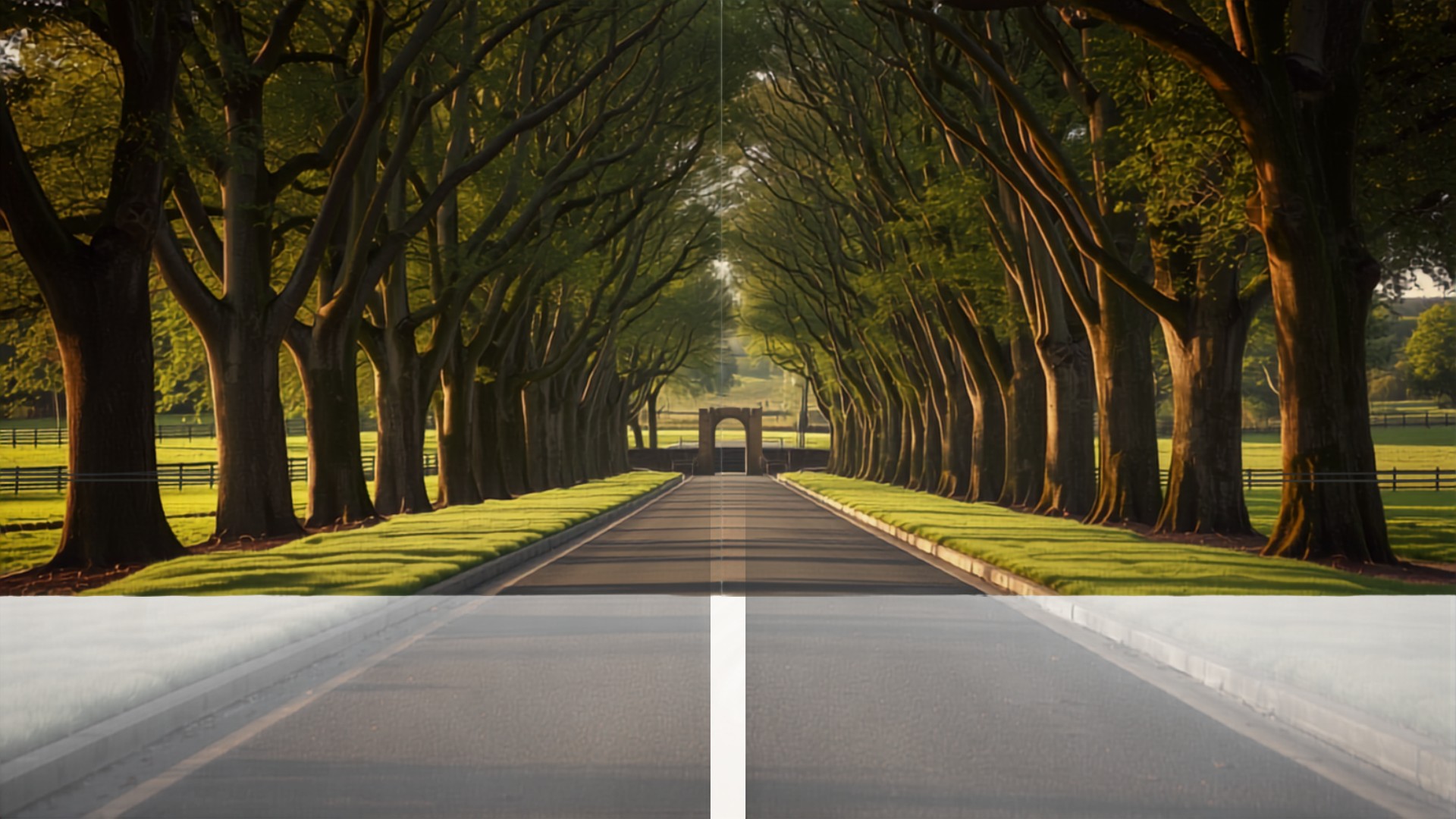 A long tree-lined approach road with mature avenue trees leading toward the entrance of a gated plotted land estate.